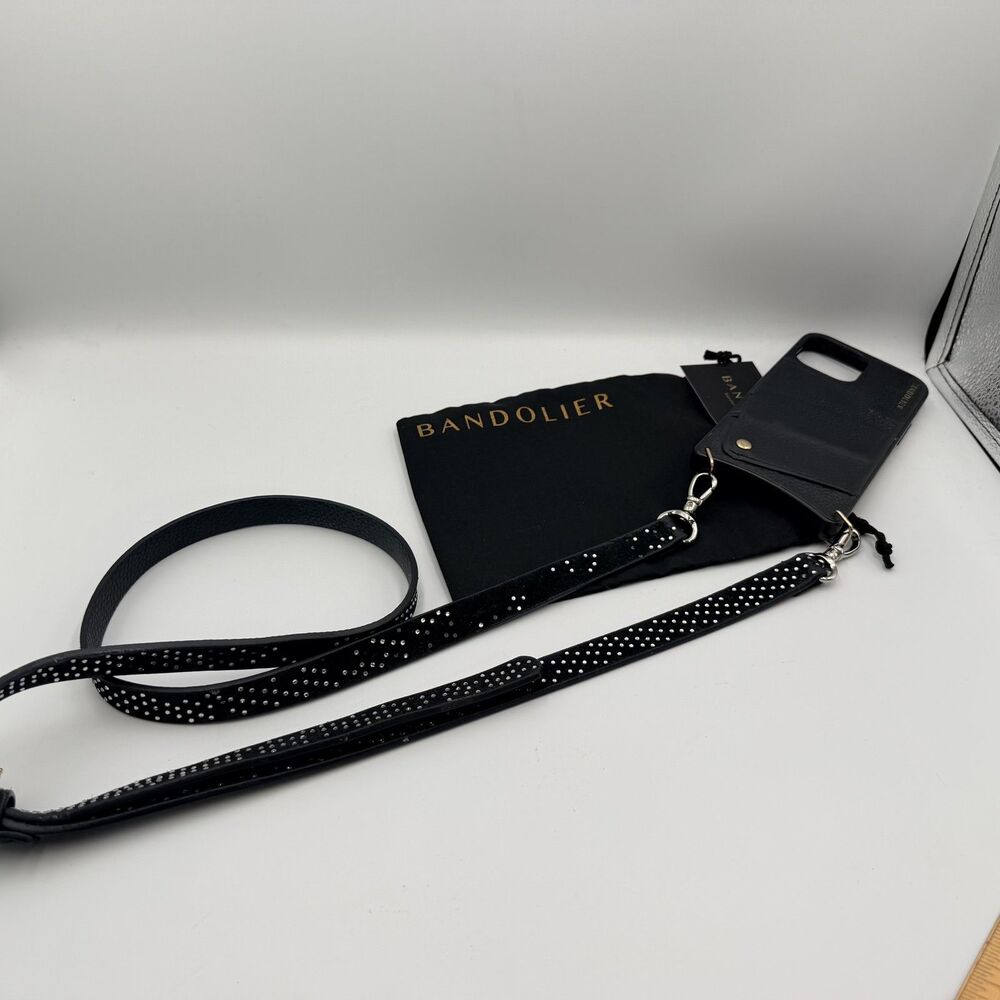 BANDOLIER Black Leather Crossbody iPhone 13/14 Pro Max Case; Rhinestone Strap - Picture 10 of 13